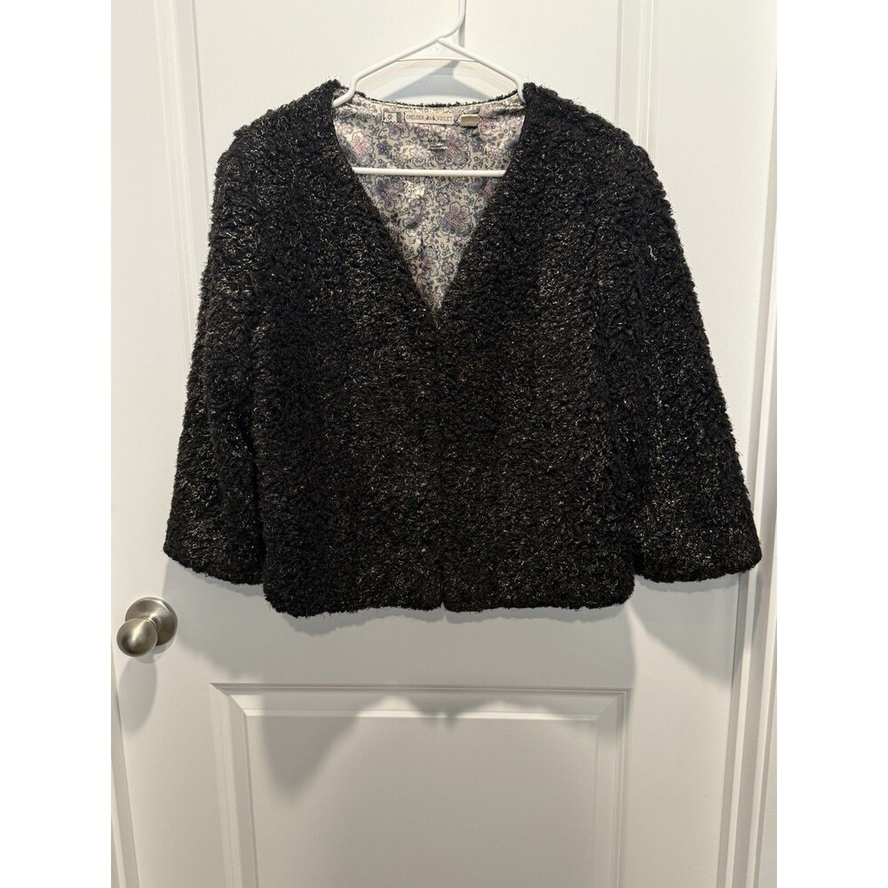 Chelsea & Violet Black Gold Metallic Faux Fur Cropped Jacket Womens Large Mod